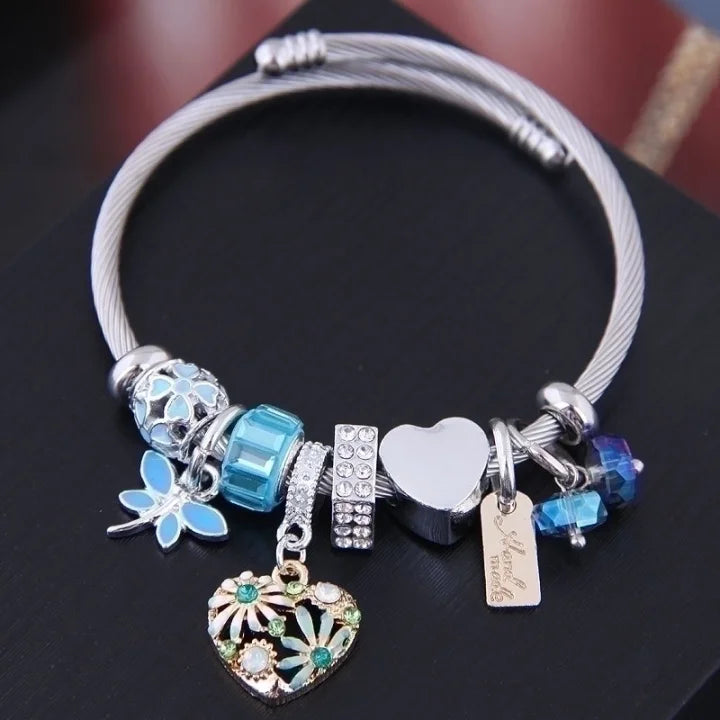 Bangle with Charms Hearts and More Bracelet - Blue