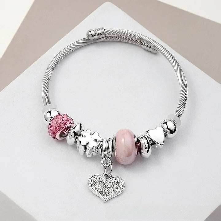 Bangle with Charms - Heart Pink