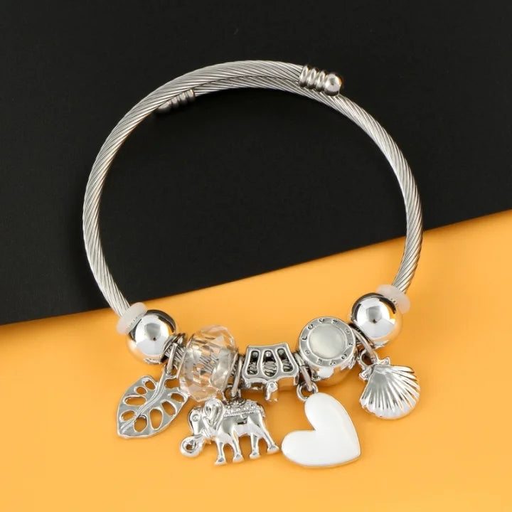 Bangle with Charms - Heart Solid White