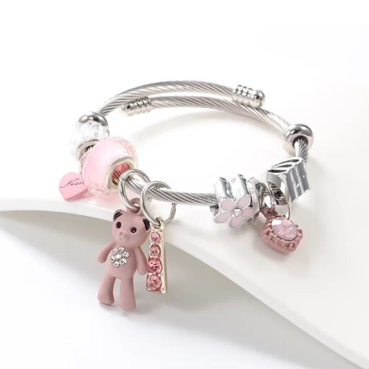 Bangle with Charms Teddy bear Pink