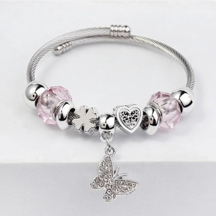 Bangle with Charms - Butterfly Pink