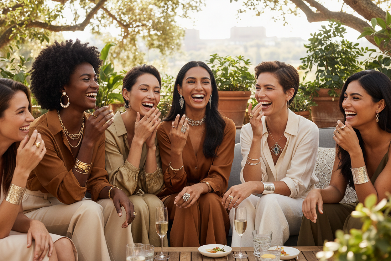 women having fun wearing jewelry